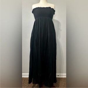 Black Strapless Smocked Cotton Gauze Dress